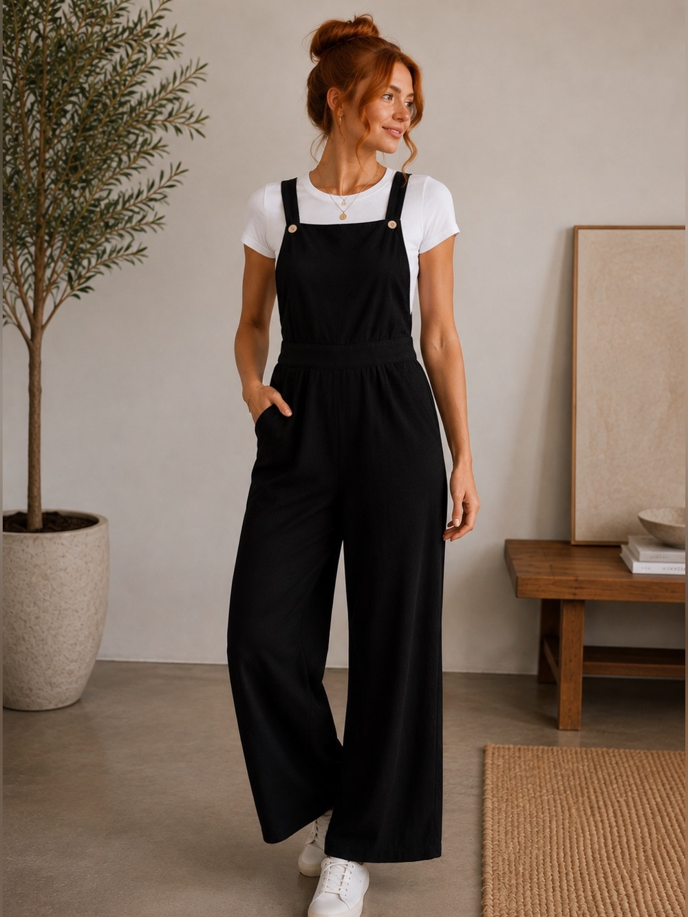 Black Wide Leg Jumpsuit Square Neck Button Hem Cropped Pockets Size XL